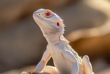albino bearded dragon on a rock, enjoying the sun rays