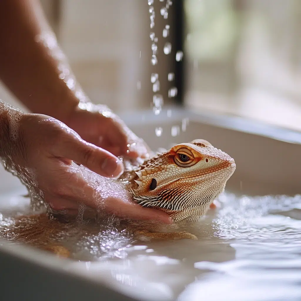 Bearded dragon getting a bath in shallow water