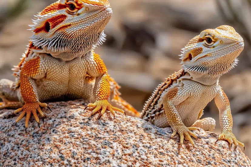 an adult and a juvenile bearded dragon side by side enjoying the sun rays on a rock