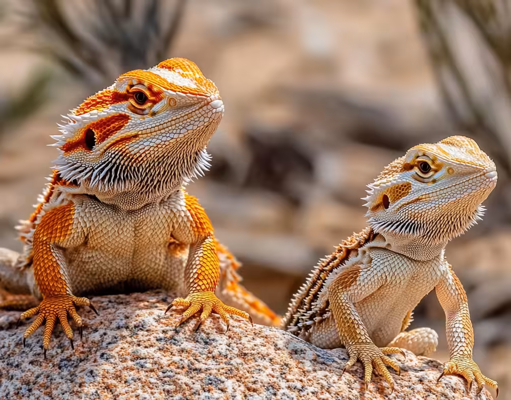 Orange and pale bearded dragons sitting side by side on a rock