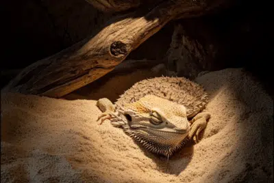 a bearded dragon, sleeping in the warm, white sand in a hole