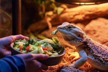 perfect bearded dragon care, with a human feeding the dragon fresh vegetables from a bowl while a UVB and heat lamp provide optimal lighting