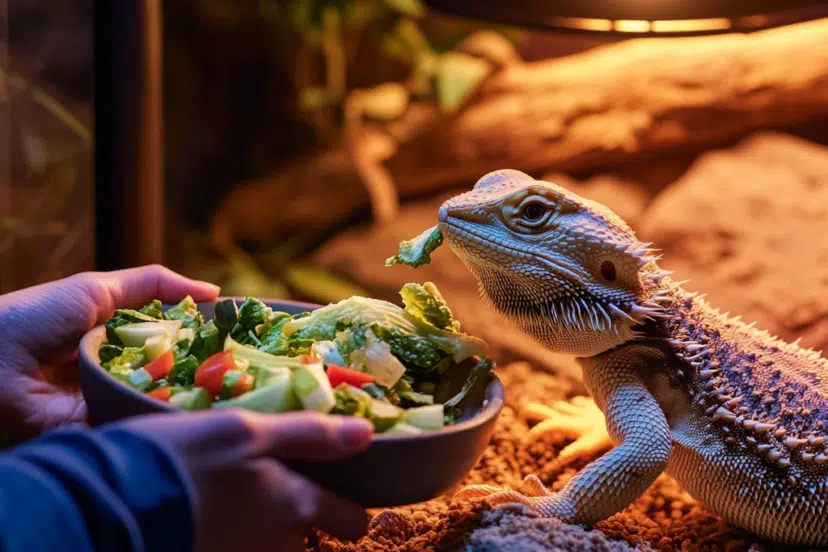 perfect bearded dragon care, with a human feeding the dragon fresh vegetables from a bowl while a UVB and heat lamp provide optimal lighting