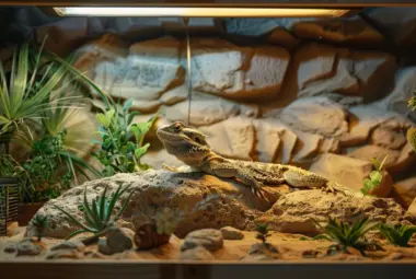 a beautiful designed bearded dragon enclosure with plants rocks and a bearded dragon in the middle, basking under the warm light