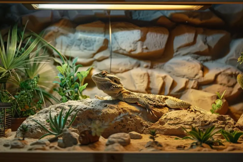 a beautiful designed bearded dragon enclosure with plants rocks and a bearded dragon in the middle, basking under the warm light