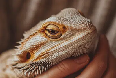 Close-up of a bearded dragon's eye and head held in a hand