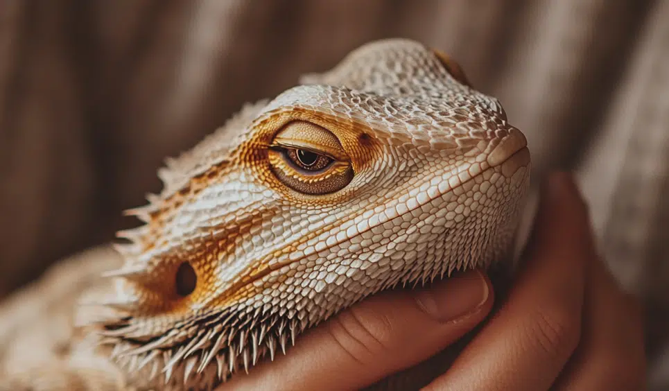 Close-up of a bearded dragon's eye and head held in a hand