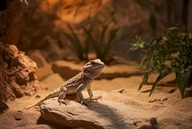 bearded dragon sitting on a rock in the middle of the tank,his tail hanging down the rock, pooping