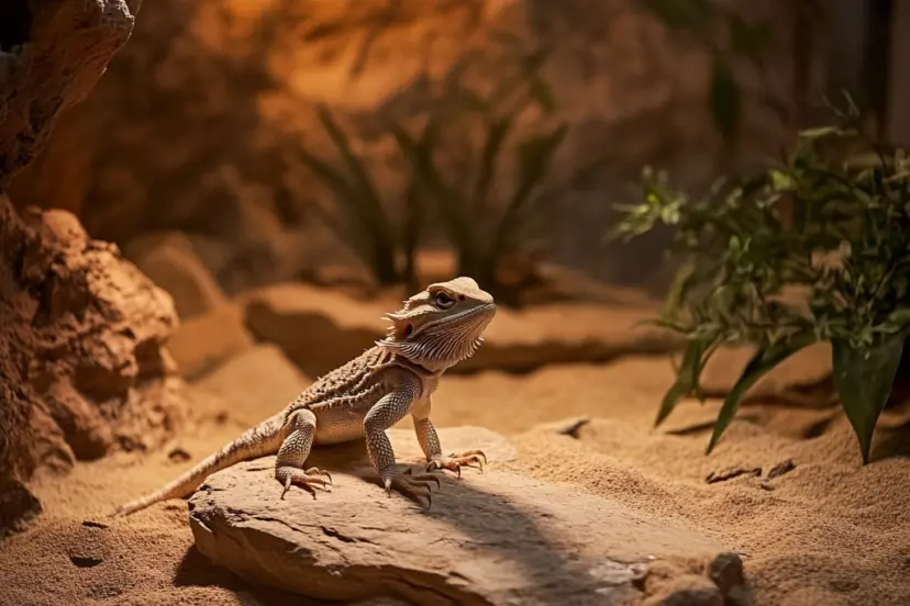bearded dragon sitting on a rock in the middle of the tank,his tail hanging down the rock, pooping