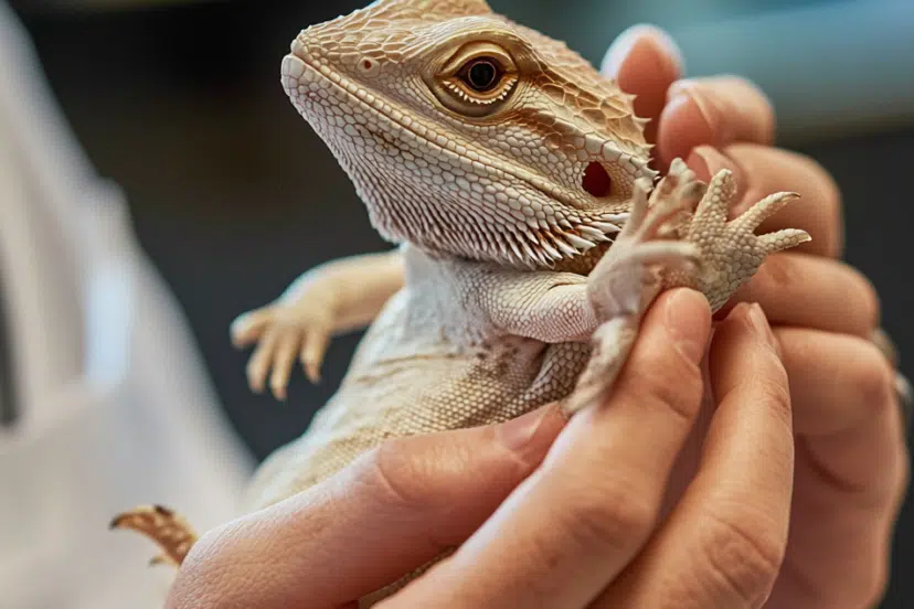 two human hands, holding a bearded dragon, showing his stomache