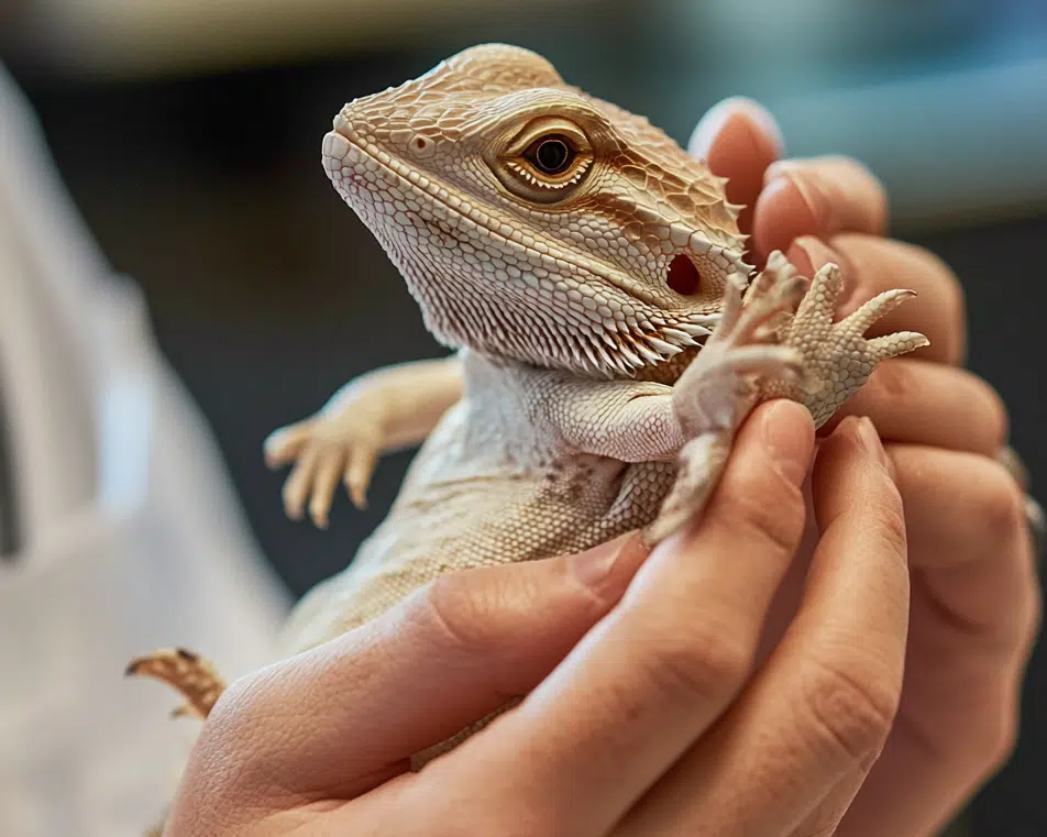 Bearded dragon being held and gently stroked