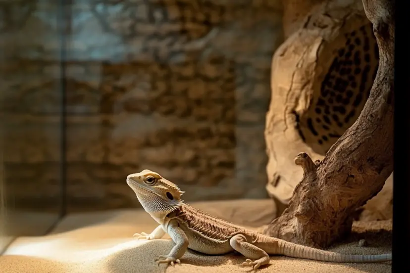 a translucent bearded dragon sitting in the sand in the middle of his tank