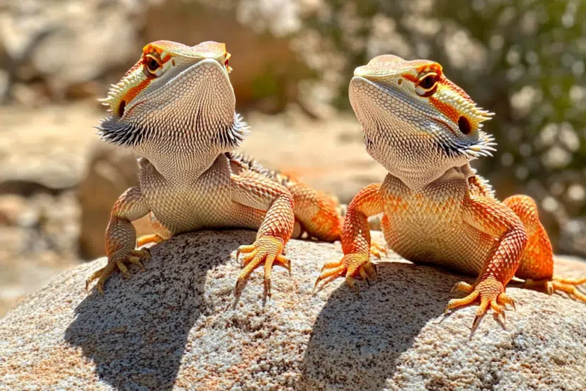 male and female bearded dragon sitting side by side on a rock, basking