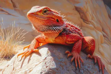 a beautiful red bearded dragon facing the camera, sittingon a rock, basking