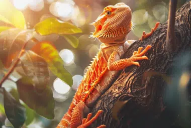 bearded dragon citrus sitting on a tree, basking