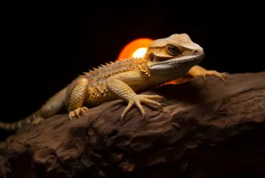 a bearded dragon sitting on a rock,enjoying the warm light of a UVB lamp.