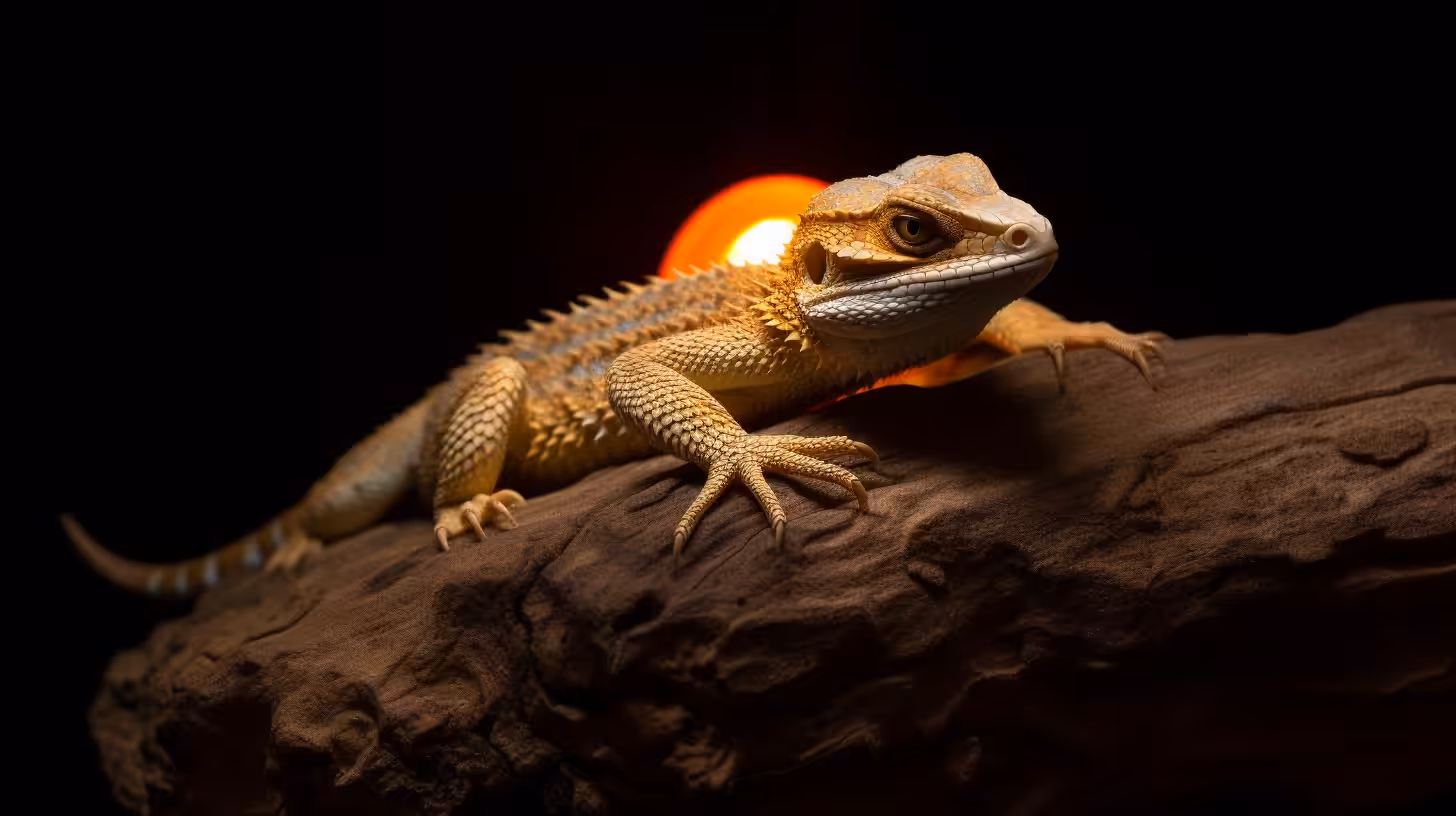 Bearded dragon basking on a rock under a warm light