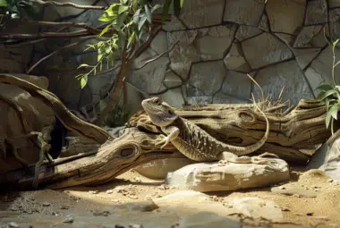 a beautiful designed bearded dragon vivarium, a bearded dragon in the middle, basking