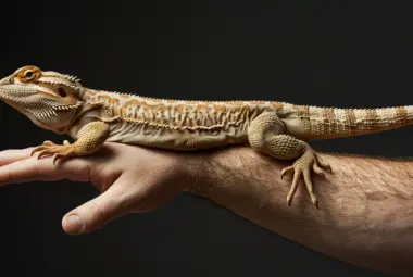 german giant bearded dragon sitting on a human arm, showing his full length to 30 inches