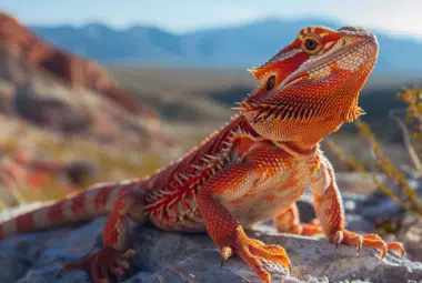 red monster bearded dragon, sitting on a rock, basking. behind a desert scheme