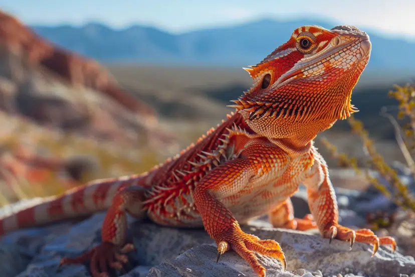 red monster bearded dragon, sitting on a rock, basking. behind a desert scheme