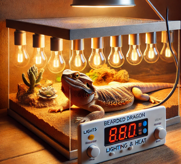 A bearded dragon's enclosure with automatic timers for lights and heat, showing a clean, professional setup with a digital timer attached to the light