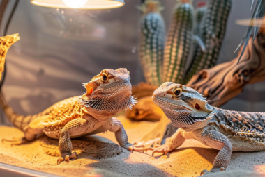 A close-up of a male and female bearded dragon inside a well-designed terrarium, their scales vibrant under the warm light of a heat lamp. The male dragon’s beard is darkened, a display of courtship behavior, while the female rests calmly on a rock. The cage features natural elements like driftwood, cactus plants, and a warm sand base. Soft shadows fall behind them as the light from the heat lamp creates a natural, inviting warmth.
