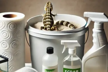 A-collection-of-cleaning-supplies-for-maintaining-a-reptile-tank-including-spray-bottles-with-pet-safe-cleaner-a-soft-scrub-brush-latex-gloves-