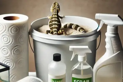 A-collection-of-cleaning-supplies-for-maintaining-a-reptile-tank-including-spray-bottles-with-pet-safe-cleaner-a-soft-scrub-brush-latex-gloves-