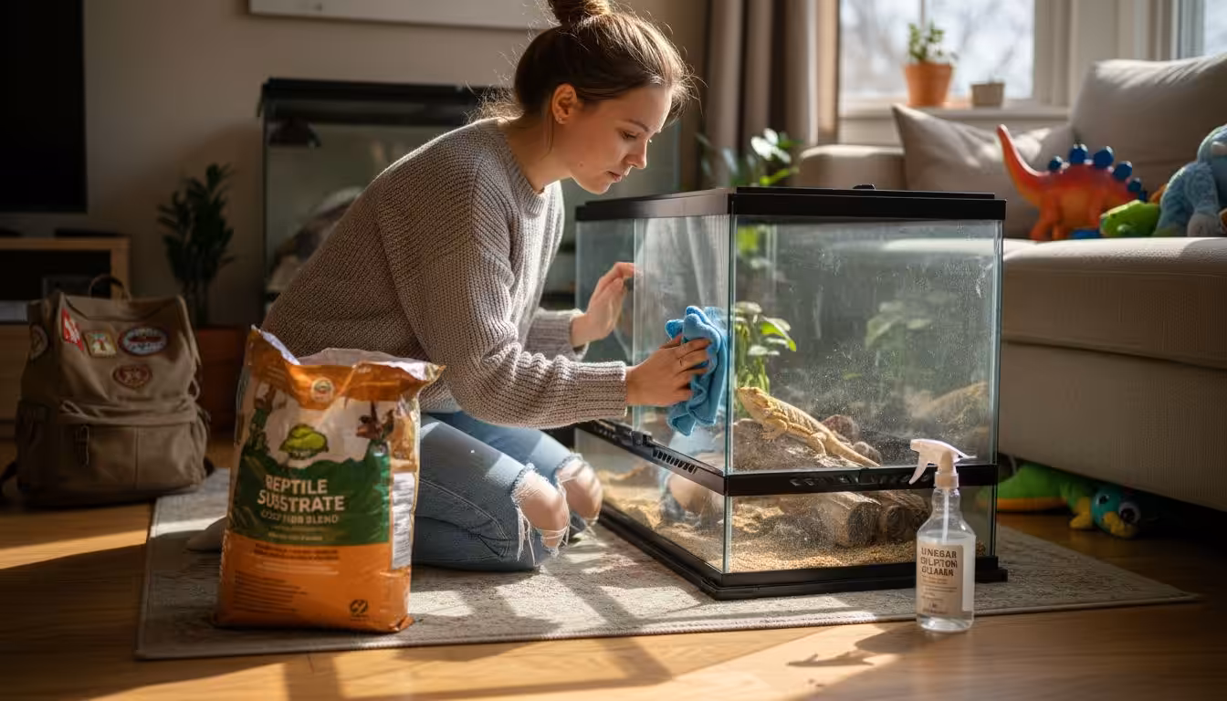 Keeper cleaning a bearded dragon tank with a spray bottle