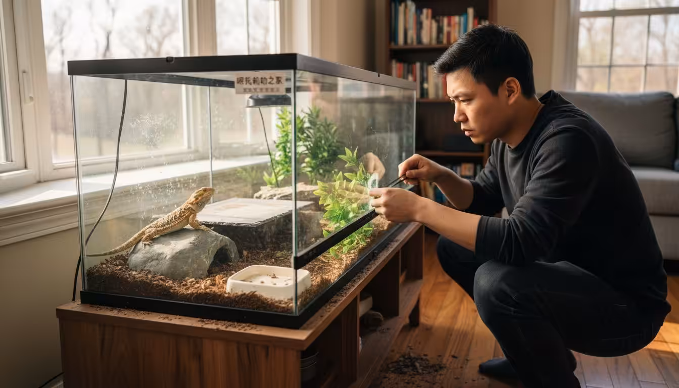 Keeper arranging decor inside a bearded dragon enclosure