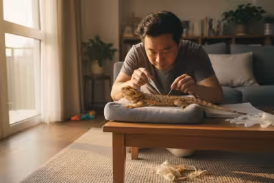 主人在家仔细给胡须龙做健康检查，关注它的身体状况。