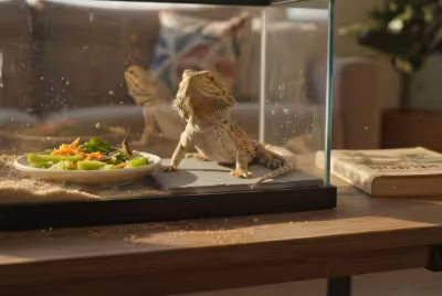 Bearded dragon in lived-in terrarium on tile