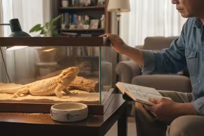 主人静静地欣赏着玻璃箱里的胡须龙，观察它的一举一动。