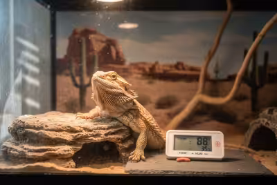 Bearded dragon basking, third eye visible in terrarium