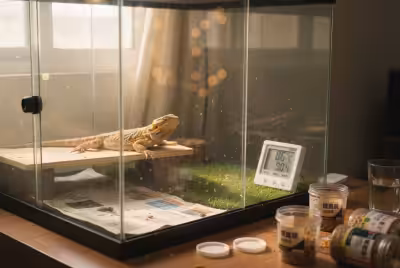 一只胡子龙正懒洋洋地趴在玻璃箱里的晒台上休息。