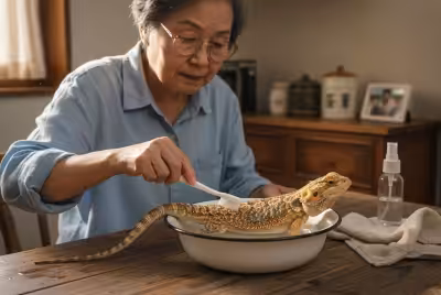 在家温和地为胡须龙做清洁