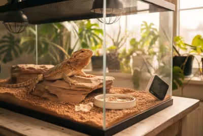 一只胡须龙安静地待在温馨舒适的玻璃爬宠箱里，享受着属于自己的小天地。