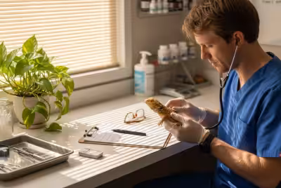 Vet examining bearded dragon in bright clinic