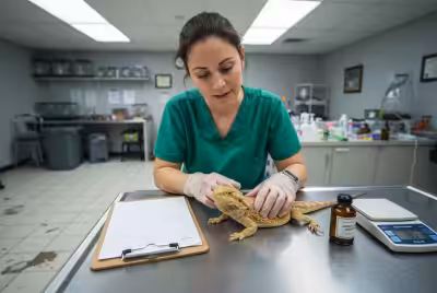 Veterinarian examining bearded dragon in clinic