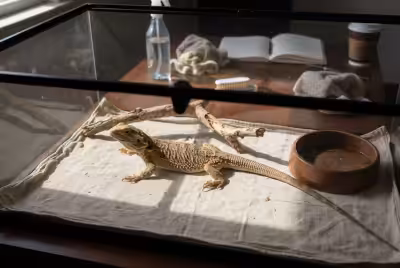 胡须龙在舒适的饲养箱中安然自在，生活环境十分适宜。