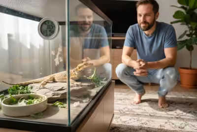 饲养员陪伴在一旁，守护着玻璃缸里的胡须龙。