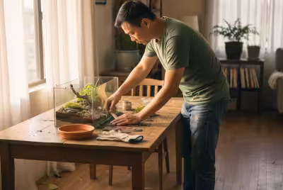 有人正在明亮的玻璃生态缸里仔细摆放石头，打造一个充满生机的小景观。