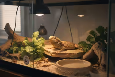 Bearded dragon basking in heated enclosure