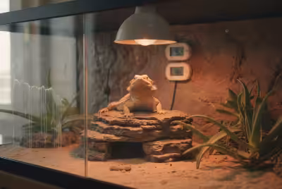 Bearded dragon basking under terrarium heat lamp