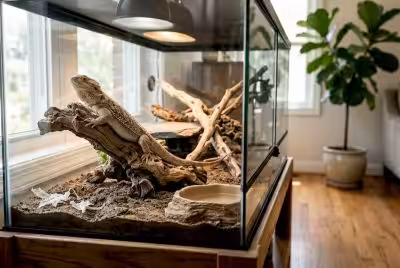 Bearded dragon exploring enriched terrarium