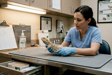 Vet examining bearded dragon on exam table