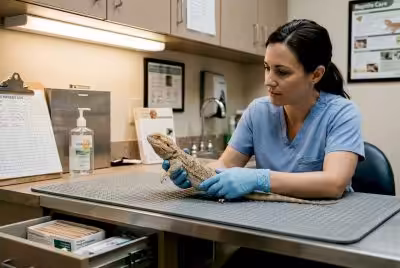 Vet examining bearded dragon on exam table