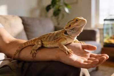 a bearded dragon sitting on a forearm of his owner