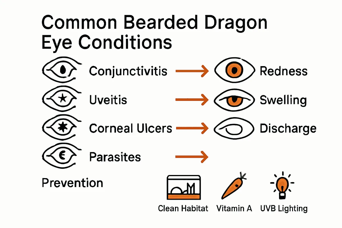 Infographic comparing common bearded dragon eye conditions, their symptoms, and prevention tips.